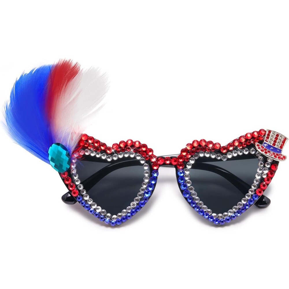 Women's USA Flag Heart Rhinestone Feather Patriotic Novelty Party Sunglasses